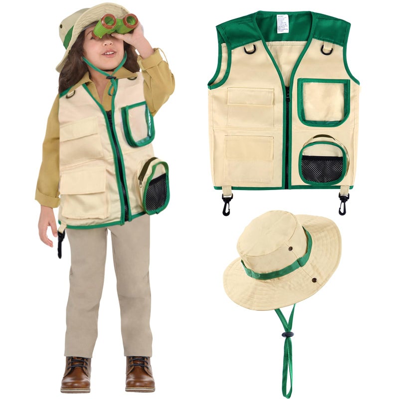 Ginmic Safari Costume Cargo Vest and Hat for Kids, Outdoor Explorer Kits and Role Play for Park Ranger, Paleontologist, Zookeeper, Jane Goodall Costume,Great Backyard Safari Gift for Adventure Boys and Girls - Image 1